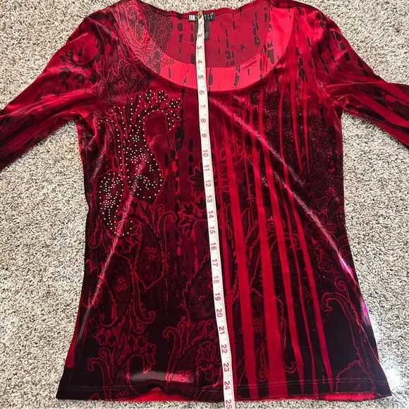 Carole Little Vibrant Red Patterned Vintage Holiday Y2K Velvet Beaded Blouse Top - Picture 6 of 7